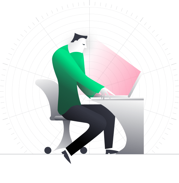 A person with long hair sits at a desk, focused on enhancing email security on their laptop. They wear a green jacket and black pants, enveloped in a pink light with concentric circles in the background.