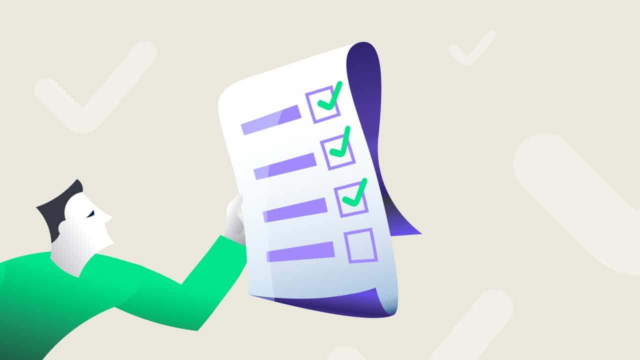 Illustration of a person holding a checklist symbolizing compliance. The checklist features several boxes, with three checked off. The light background is adorned with faint, large check marks, emphasizing the importance of cybersecurity measures for MSPs.