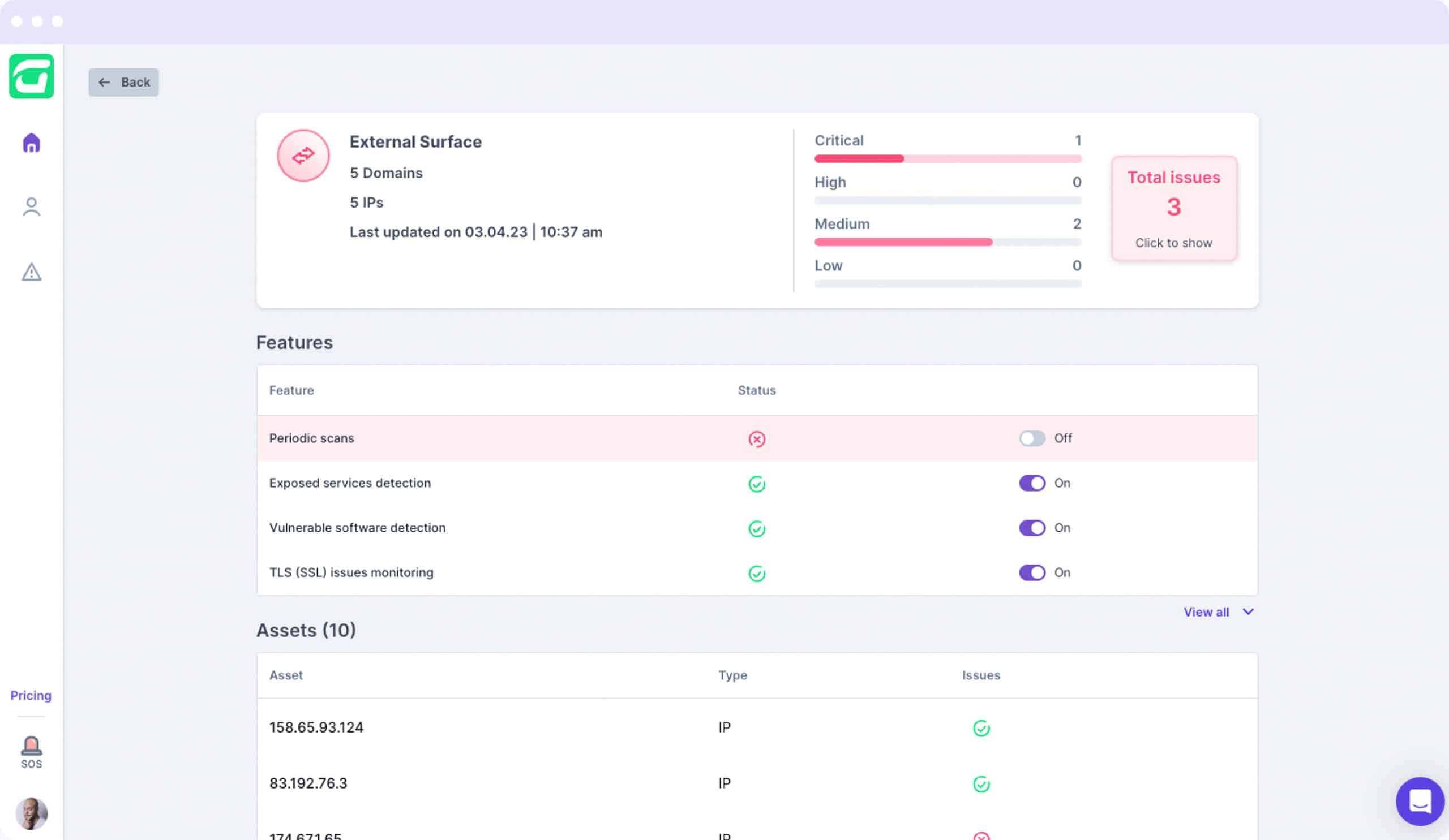 A dashboard showcasing five domains with security status indicators: critical, high, medium, and low. It highlights active features like Exposed services detection and Vulnerable software detection. A table lists assets with IP addresses and status, emphasizing external risk management.