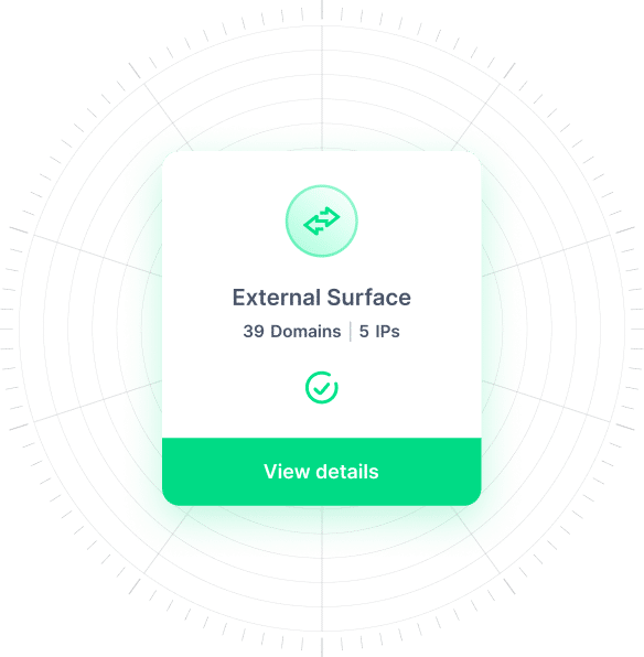 A green radar-like interface displays External Surface alongside External Risk, highlighting 39 domains and 5 IPs. A checkmark confirms status, with a View details button conveniently below.
