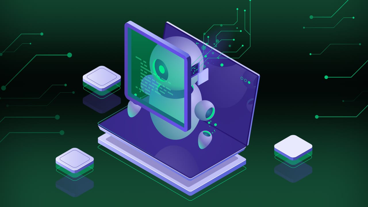 Futuristic illustration of a robot working on a holographic computer with glowing circuit elements on a green background. The robot appears engaged in coding, implementing Automatic Unified Detection as digital lines connect various floating tech components.