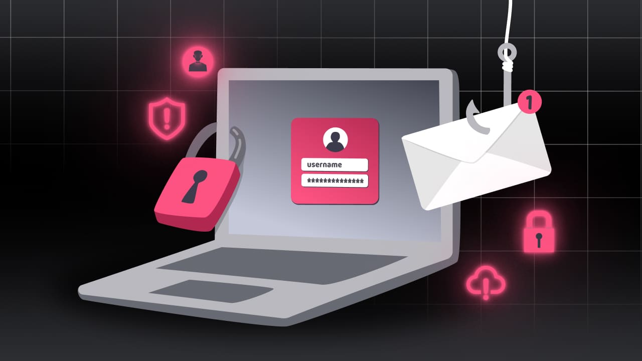 A laptop displays a login screen with username and password fields. Surrounding it are icons: a locked padlock, a phishing hook with an envelope, a warning shield, an upload cloud, and a notification symbol—each glowing pink against the dark grid background, highlighting the difference in digital threats.