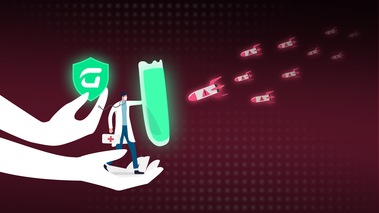 Illustration of a doctor holding a test tube and shield symbol, standing on a large hand. Red virus particles with syringe shapes approach from the right. The background is dark with a gradient effect.