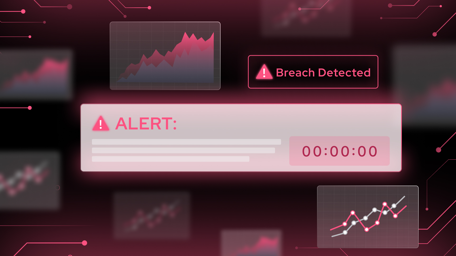 A digital interface displays a large Alert message and Breach Detected warning, with various fluctuating line graphs in the background, conveying an urgent data breach situation requiring an immediate MSP response.