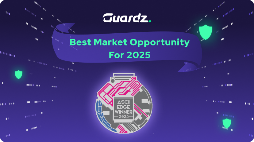 A digital graphic with the Guardz logo, a banner reading “Best Market Opportunity For 2025,” and a badge labeled “ASCI Edge Winner 2025” over a dark background with glowing shield icons, highlighting cybersecurity solutions for MSPs.