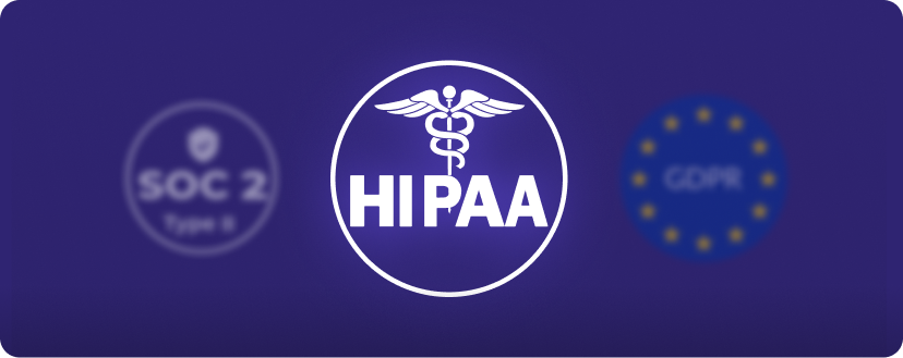 A purple background with a white caduceus symbol and HIPAA in bold letters at the center, flanked by faint, blurred icons for SOC 2 and GDPR compliance—ideal for MSPs focused on cybersecurity in healthcare.