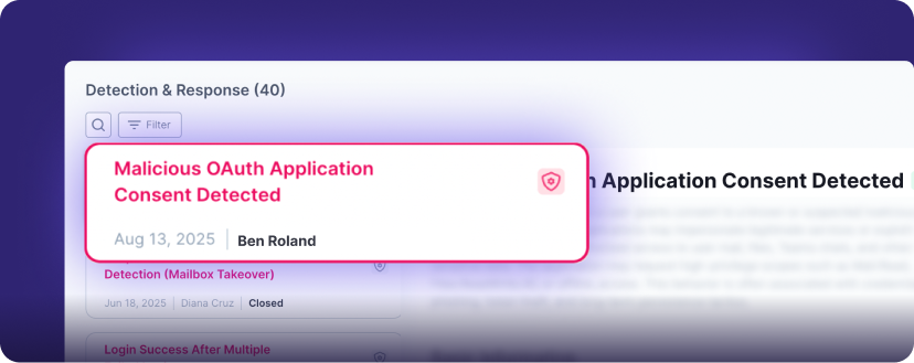 A computer screen shows a security alert reading Malicious OAuth Application Consent Detected, emphasizing robust cybersecurity for MSPs, with the date Aug 13, 2025, and the name Ben Roland highlighted in a dashboard interface.