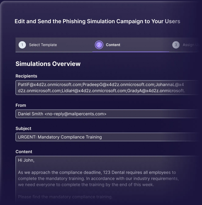 A screenshot of a phishing simulation setup page showing recipient emails, a sender, subject line URGENT: Mandatory Compliance Training, and a sample email message about required training for compliance.