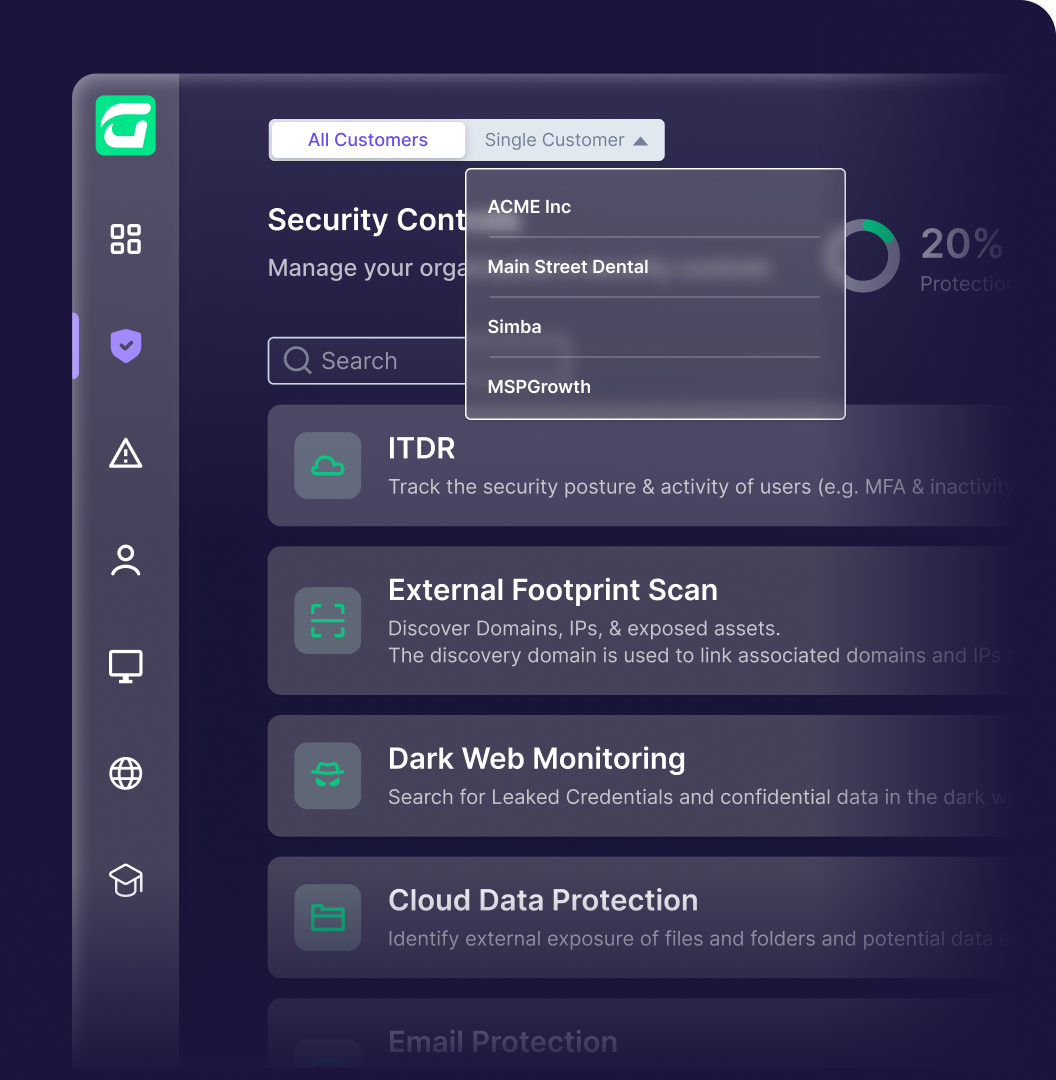 A software dashboard shows cybersecurity tools. A dropdown menu is open with options: ACME Inc, Main Street Dental, Simba, MSPGrowth. The All Customers tab is selected. A sidebar menu is on the left.
