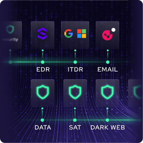 A digital graphic showing icons for EDR, ITDR, EMAIL, DATA, SAT, and DARK WEB, connected by lines, on a dark, futuristic background with shield symbols representing cybersecurity.
