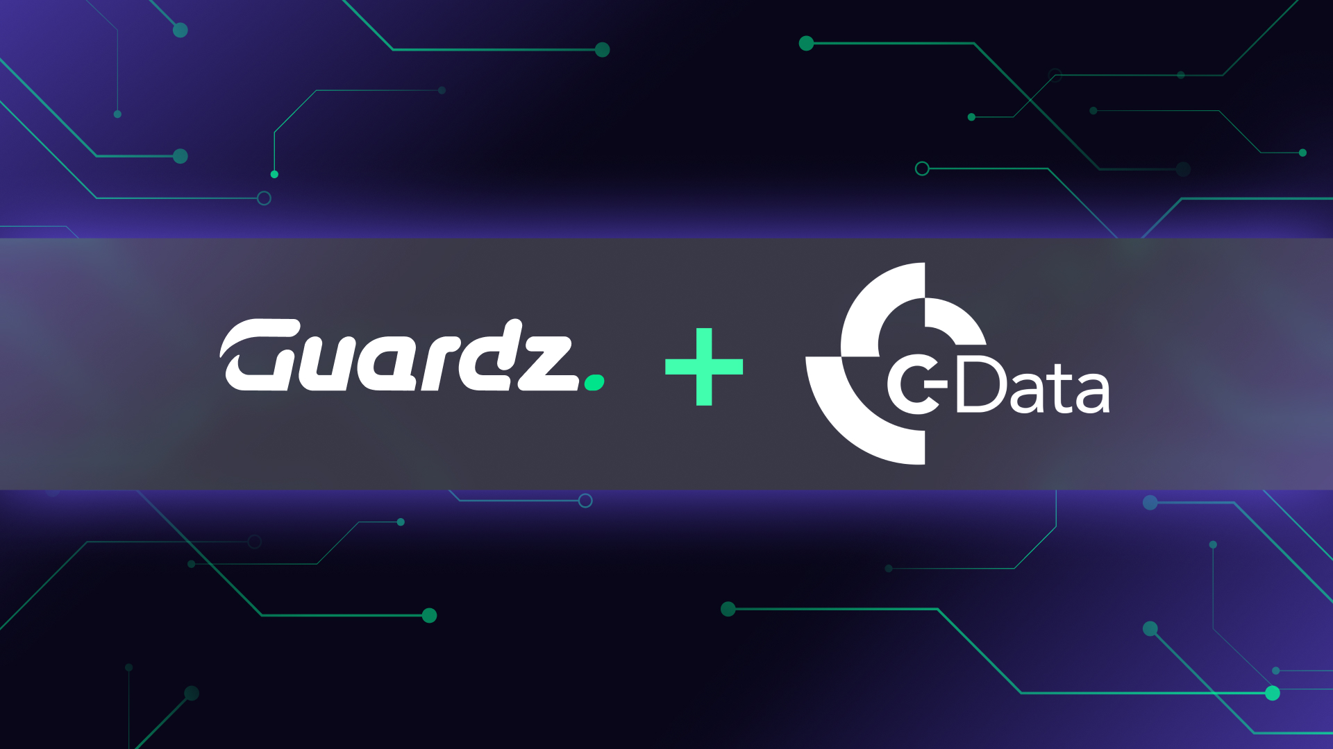 Logos of Guardz and C-Data are shown side by side with a plus sign between them, on a dark background with green circuit-like lines, highlighting a partnership in cybersecurity solutions for MSPs.
