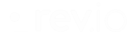 White logo of rev.io on a light gray background, with a circular arrow forming part of the letter r on the left side.