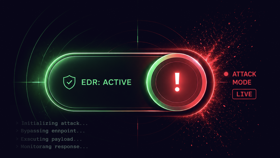 A digital toggle switch with “EDR: ACTIVE” in green on the left and a red exclamation mark on the right. “ATTACK MODE LIVE,” glowing red elements, and technical text highlight an active cybersecurity threat detected by endpoint detection and response.