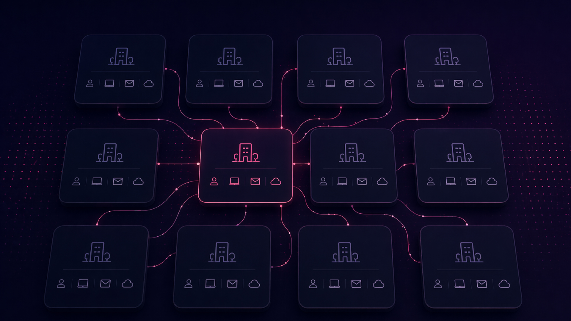 A network diagram showing twelve dark squares with digital icons connected by glowing lines, with the central square highlighted in red, representing MSP growth and a hub-and-spoke structure powered by automation on a dark background.