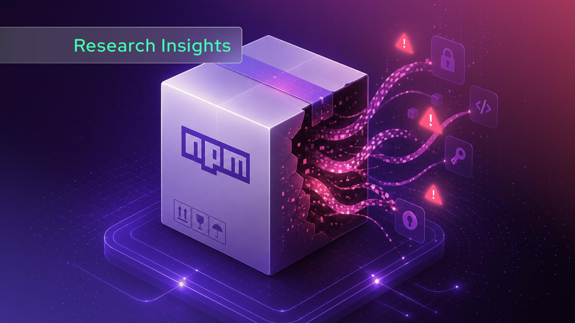 A digital illustration of an npm package box being disrupted by a Mini Shai-Hulud, with data fragments and warning icons like locks and alerts emerging, symbolizing security vulnerabilities. A banner reads Research Insights.
