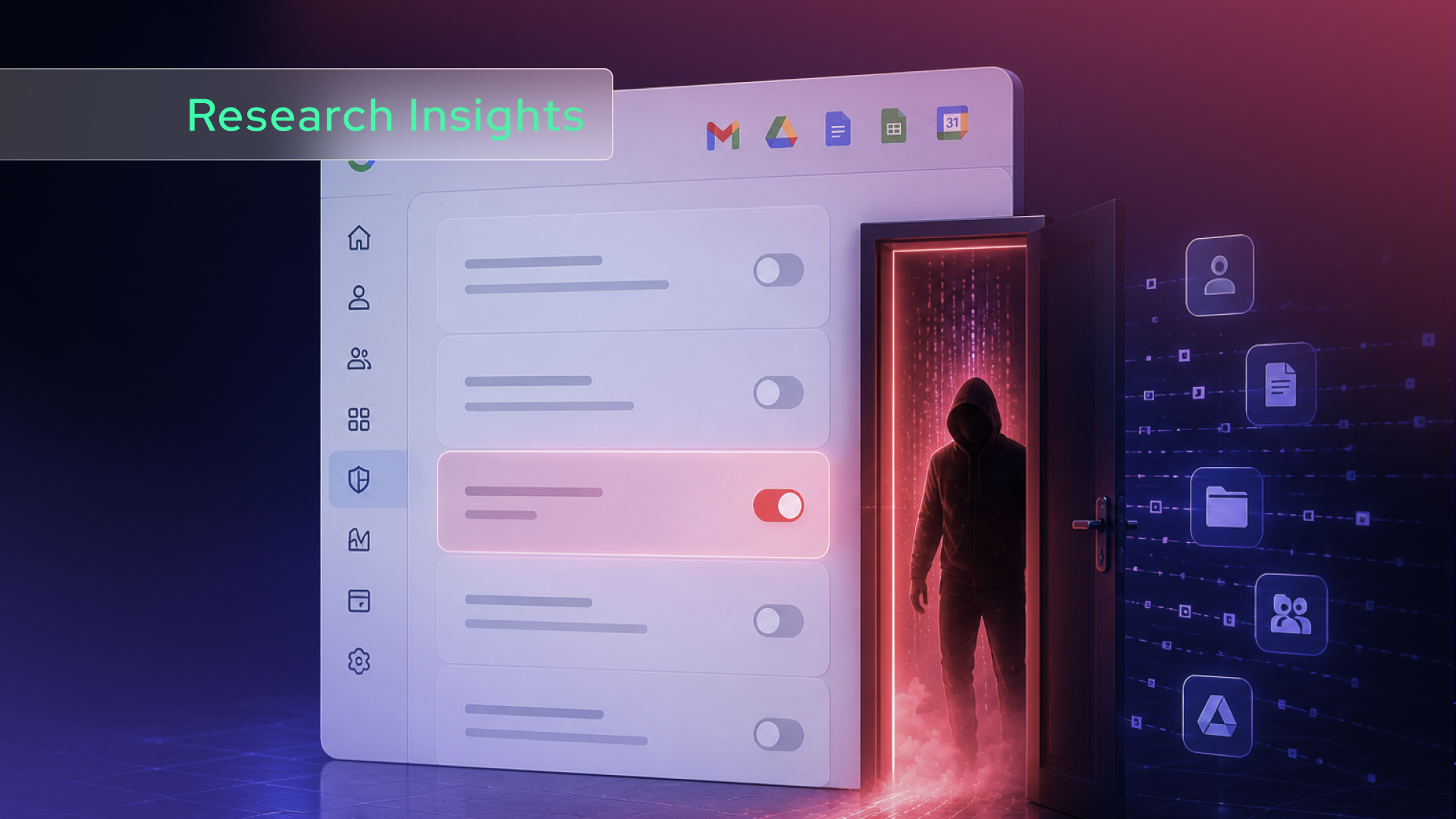 A stylized digital interface with a glowing red toggle reveals a dark open door, where a hooded figure stands amid digital code—highlighting cybersecurity threats like state misconfigurations. Research Insights appears in the corner.