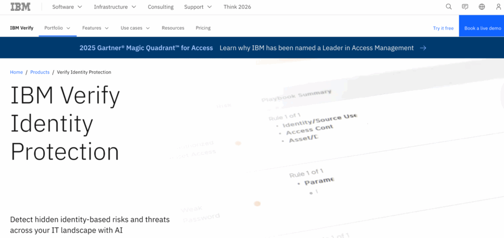 Screenshot of the IBM Verify Identity Protection webpage, showing navigation menus, a blue banner highlighting Gartner recognition, and text describing identity-based risk and threat detection using AI.