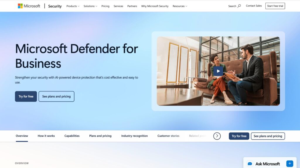 Microsoft Defender for Business dashboard showcasing AI-powered endpoint security, device protection, and cybersecurity tools for businesses.