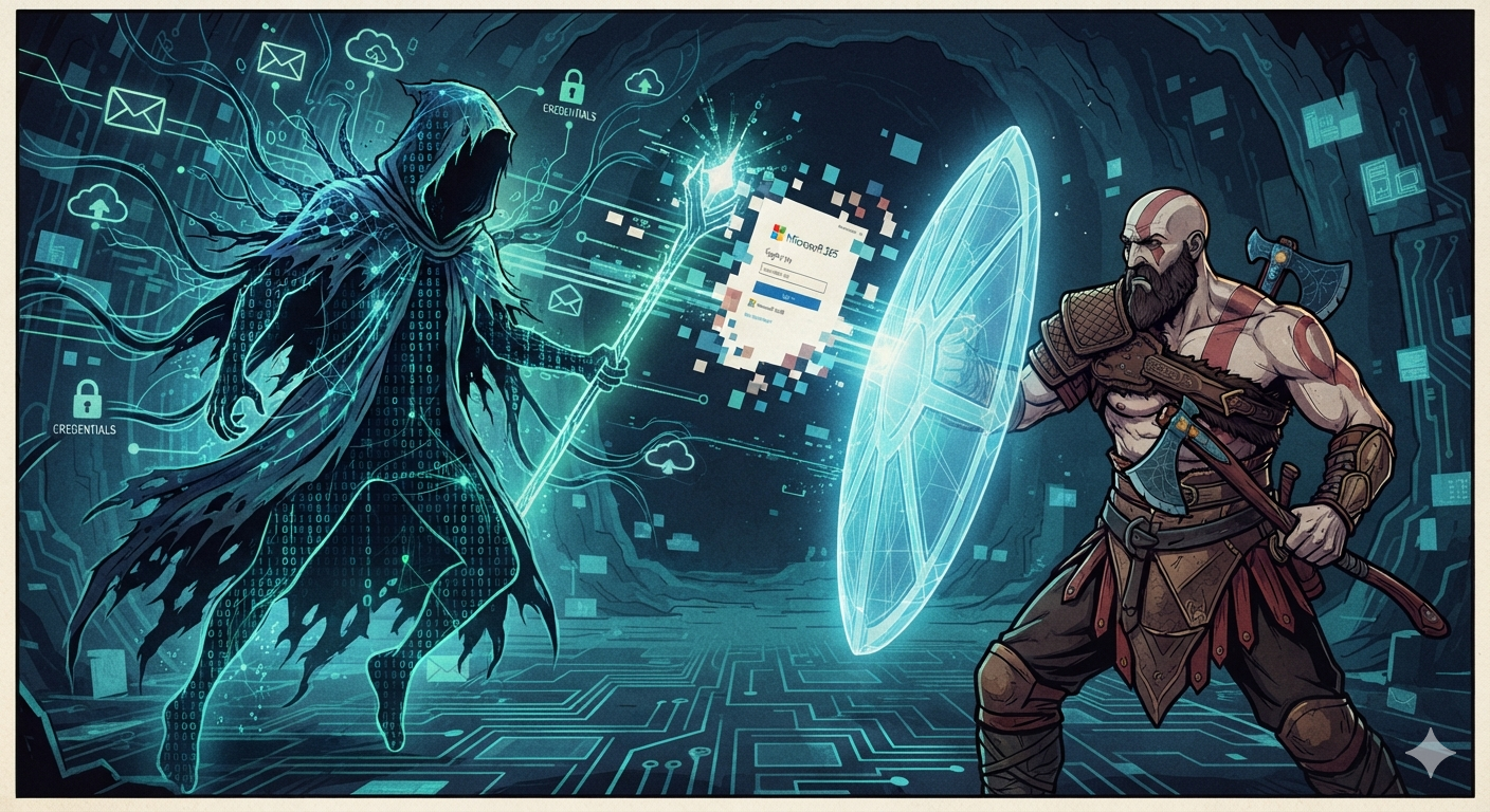 A hooded hacker attacks with digital code while a warrior inspired by Kratos defends with a shield, blocking access to credentials and security icons, symbolizing cybersecurity defense in a game-like battle.